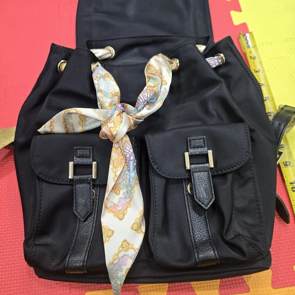 Sam Edelman‎ Black Nylon Backpack Gold Hardware Scarf Drawstring Flap Pocket...
